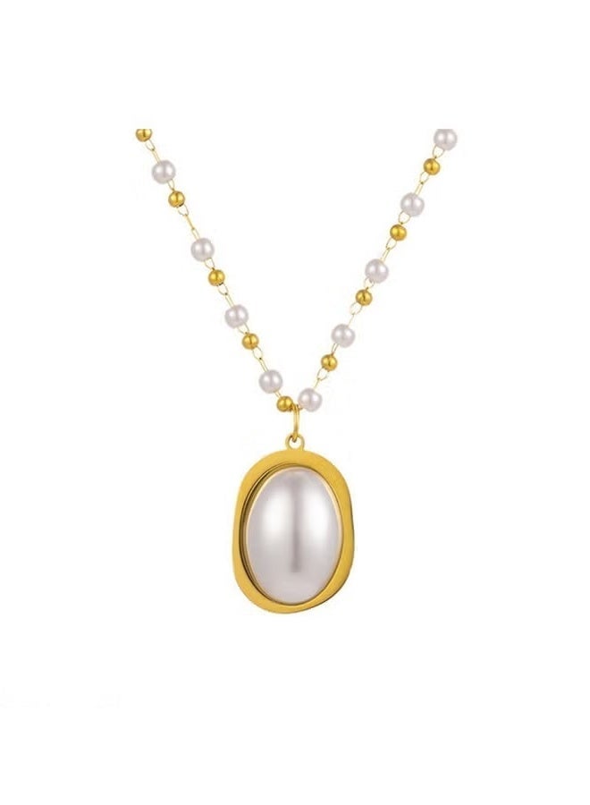 Pearl Necklace for Women with Oval Pendant & Seed Pearls, Gold-Plated Classic Elegant Jewelry for Daily and Special Occasions, Ideal Gift for Her - Image 4